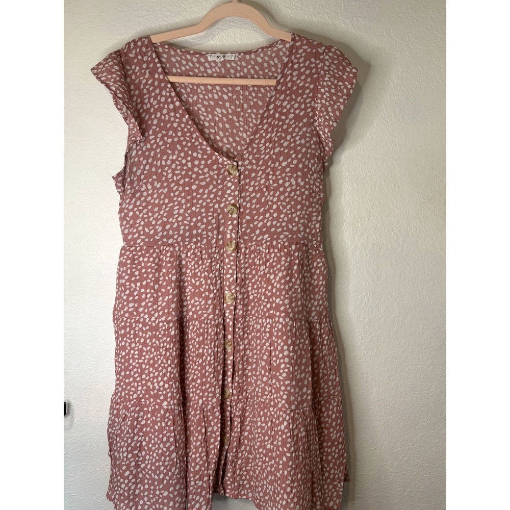 Mine Button-Down Mini Dress Women's Large Dusty Rose Polka Dot Print V-Neck - Picture 3 of 5